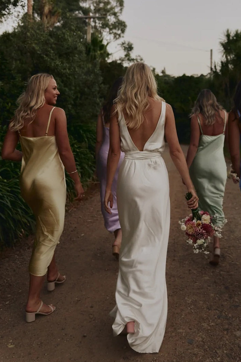 Charming Sheath Mermaid V Neck Silk Satin Bridesmaid Dresses with Straps LD062531