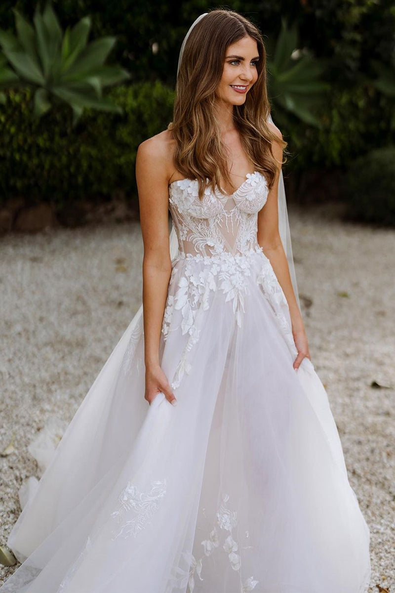 Fairy A Line Sweetheart Tulle Wedding Dresses with Appliques LD062524