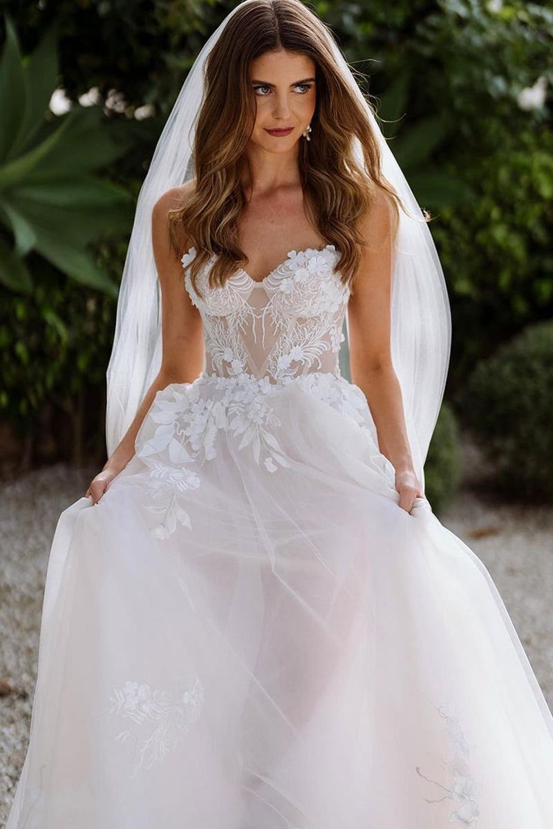 Fairy A Line Sweetheart Tulle Wedding Dresses with Appliques LD062524