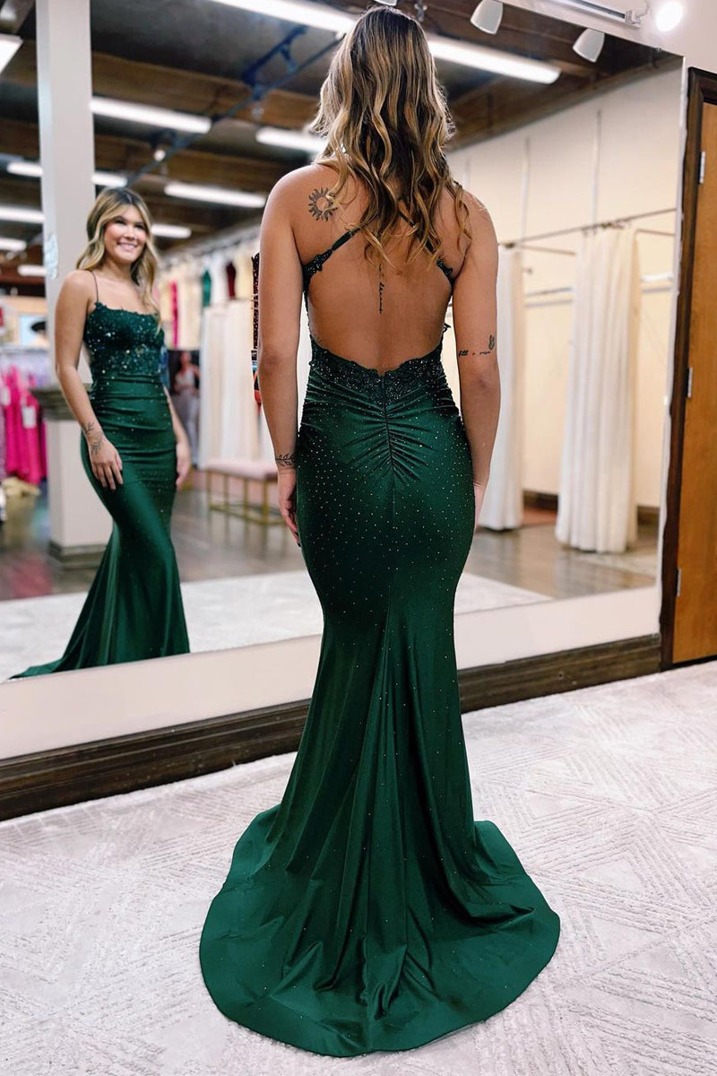 Charming Mermaid Scoop Neck Dark Green Prom Dresses with Appliques LD070816
