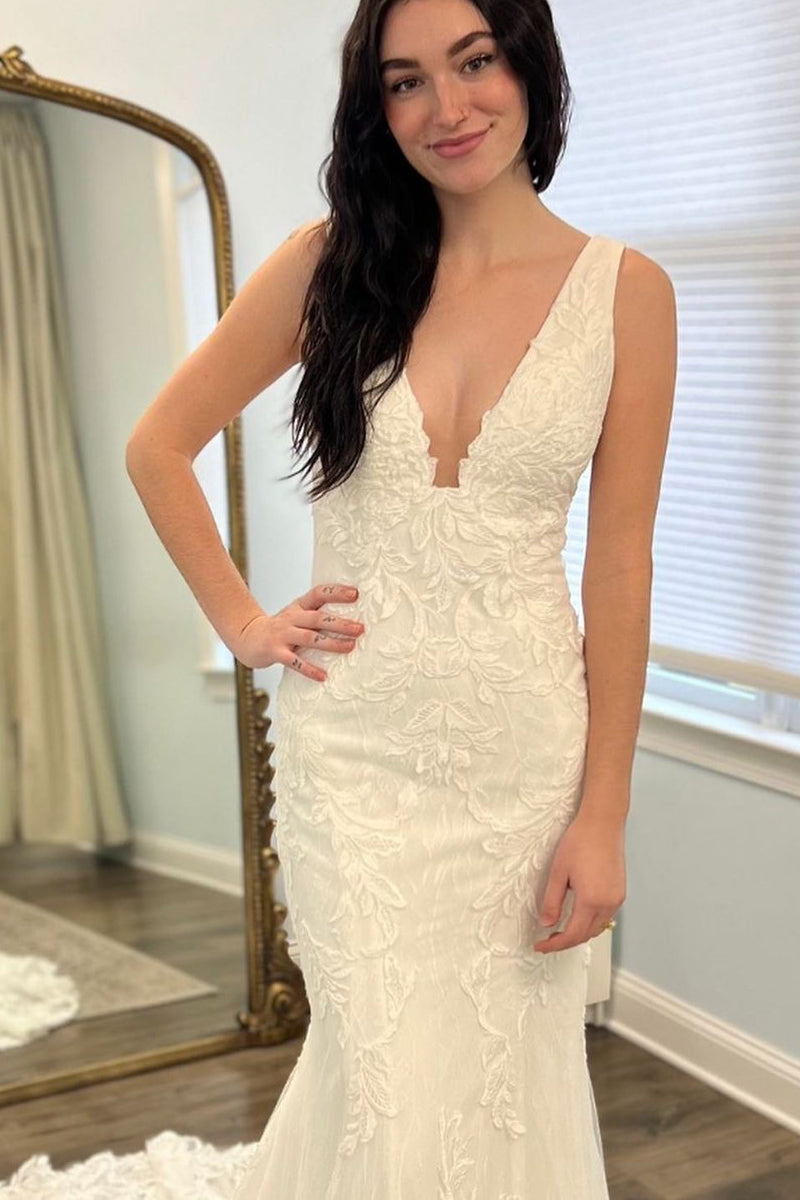 Elegant Mermaid V Neck Lace Long Wedding Dresses with Train LD062520