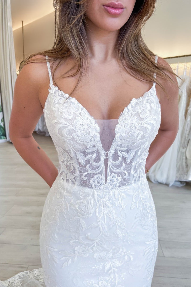 Charming Elegant Mermaid V Neck Lace Wedding Dresses with Appliques LD062519