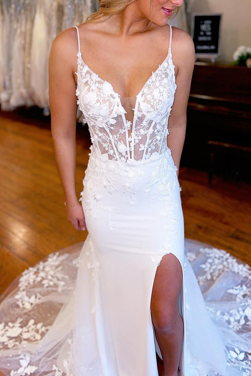 Fashion Mermaid V Neck Elastic Satin Wedding Dresses with Appliques LD062518