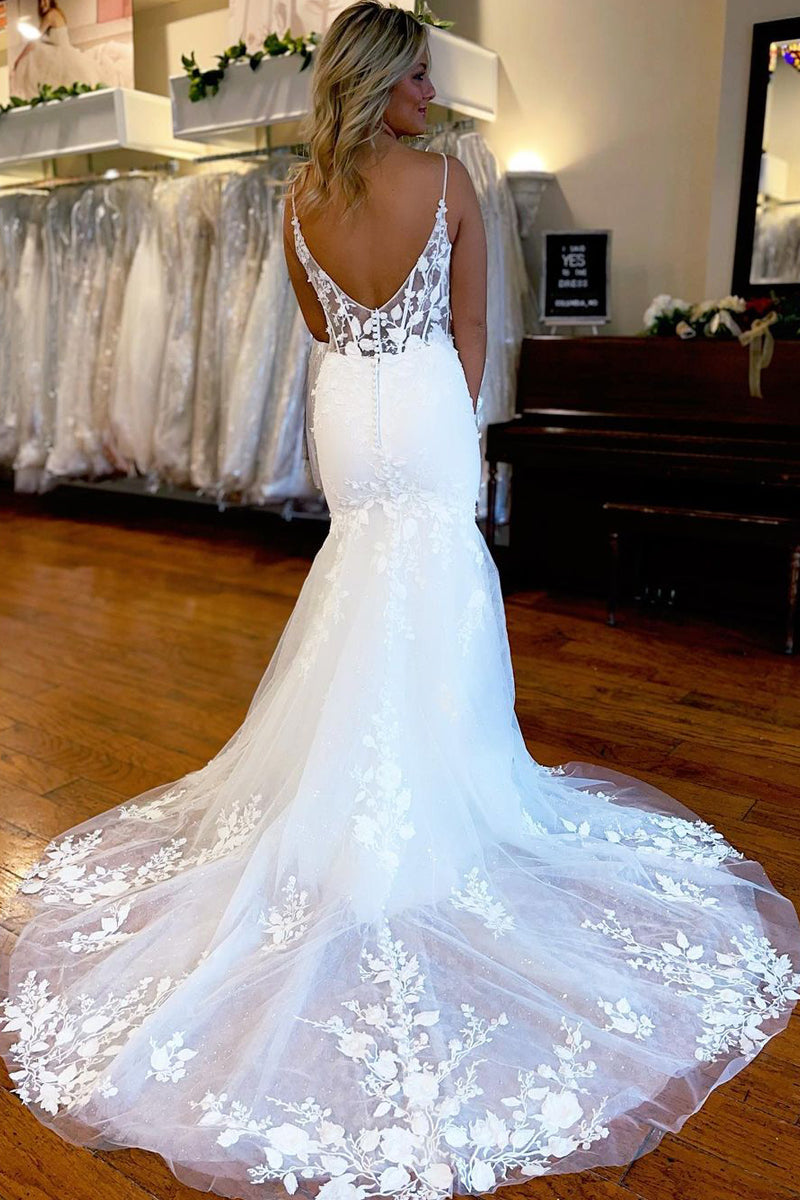 Fashion Mermaid V Neck Elastic Satin Wedding Dresses with Appliques LD062518