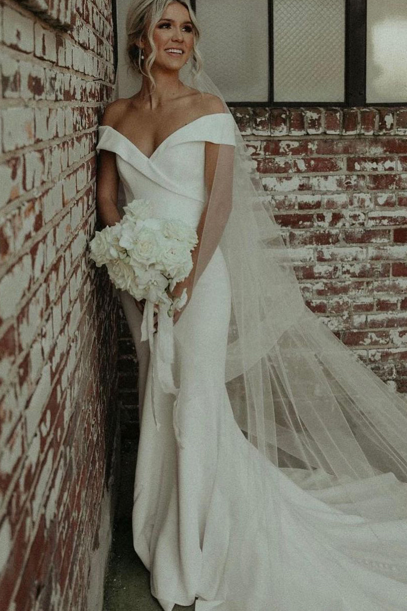 Elegant Mermaid Off the Shoulder Elastic Satin Wedding Dresses LD062517