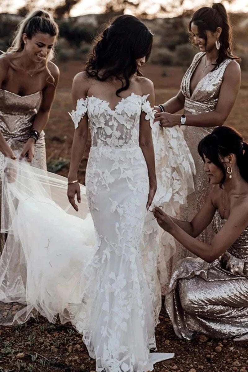 Fairy Mermaid Off the Shoulder Lace Beach Wedding Dresses LD062810