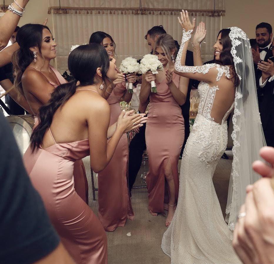 Charming Pink V-Neck Sheath Bridesmaid Dress with Slit and Long Silhouette