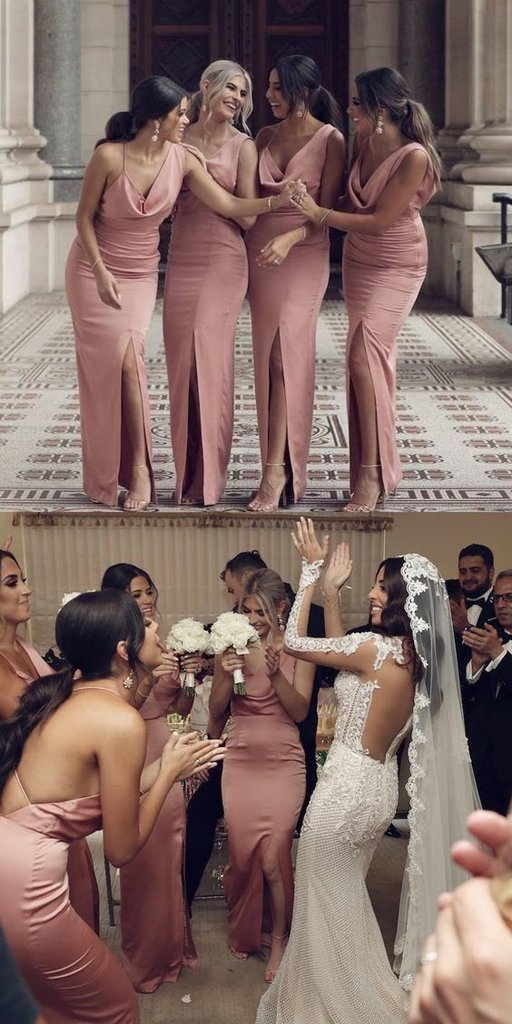 Charming Pink V-Neck Sheath Bridesmaid Dress with Slit and Long Silhouette