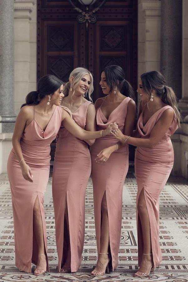 Charming Pink V-Neck Sheath Bridesmaid Dress with Slit and Long Silhouette