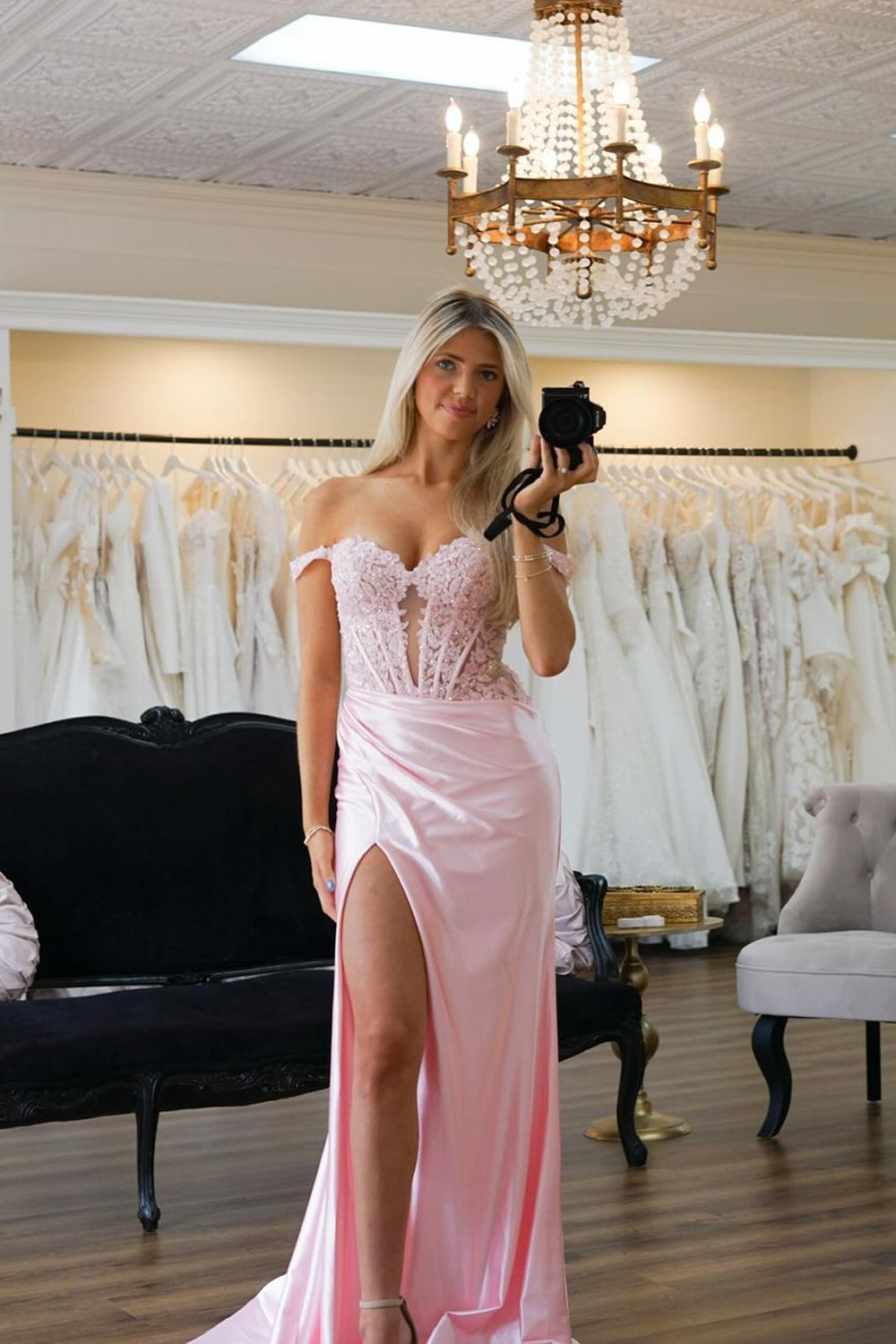 Charming Mermaid Sweetheart Pink Satin Long Prom Dresses with Slit AB24090609-3