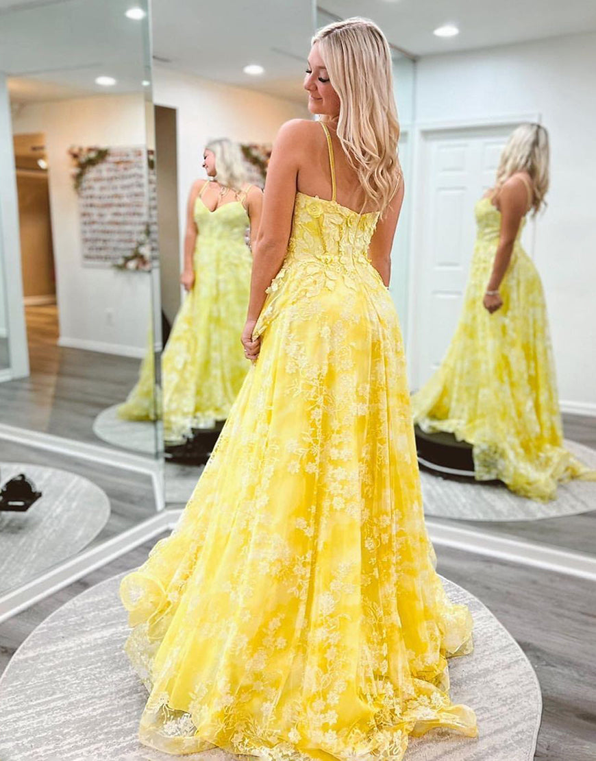 Ellis | Cute Yellow A-Line Spaghetti Strap Long Prom Dress with Appliques