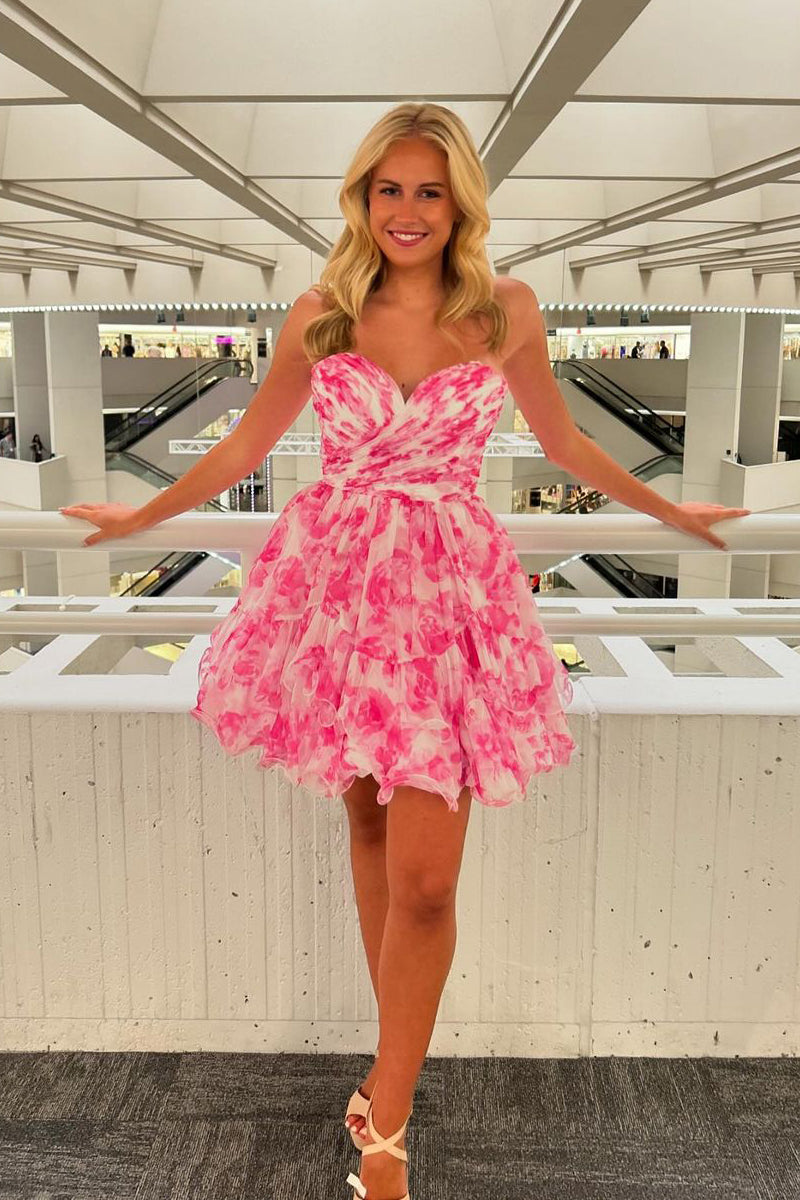 Cute A Line Sweetheart Pink Printed Chiffon Homecoming Dresses LD073101-2