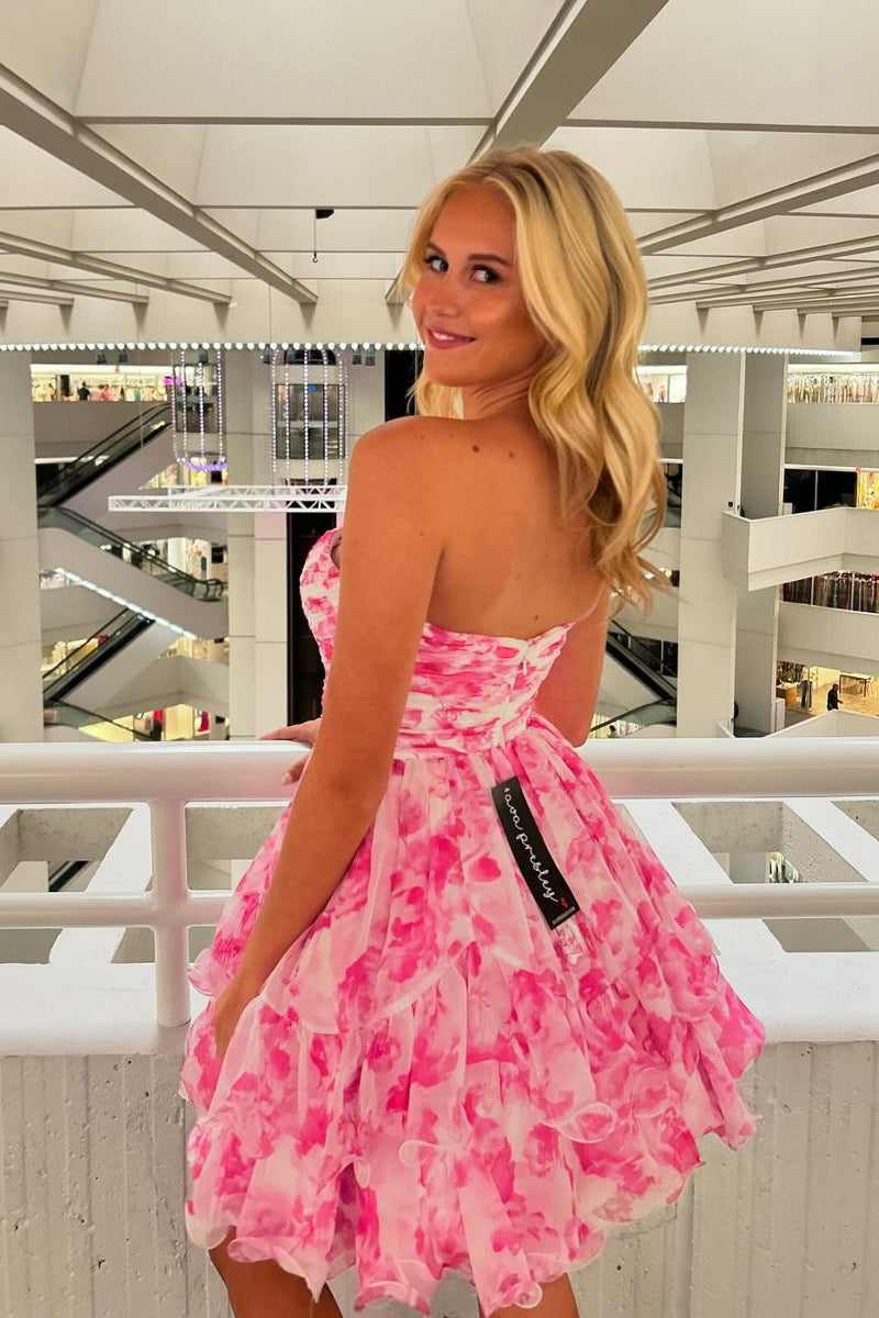 Cute A Line Sweetheart Pink Printed Chiffon Homecoming Dresses LD073101-3