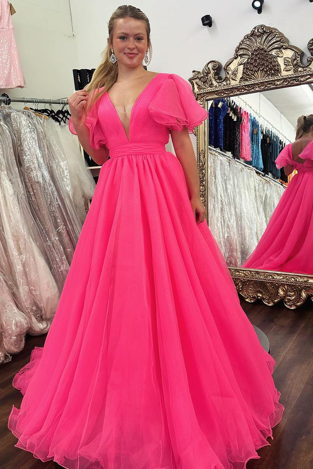 Cute Ball Gown V Neck Pink Tulle Long Prom Dresses with Ruffled Sleeves AB24091003-2