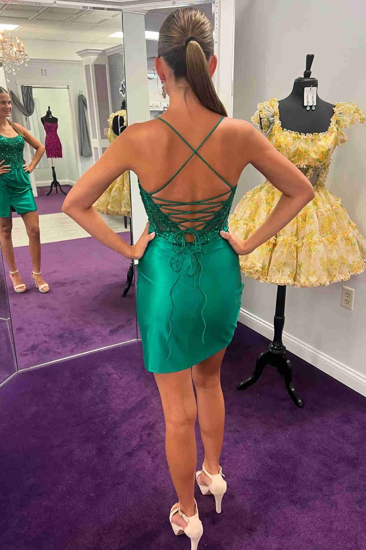 Cute Bodycon Scoop Neck Green Satin Homecoming Dresses with Appliques LD073105-2