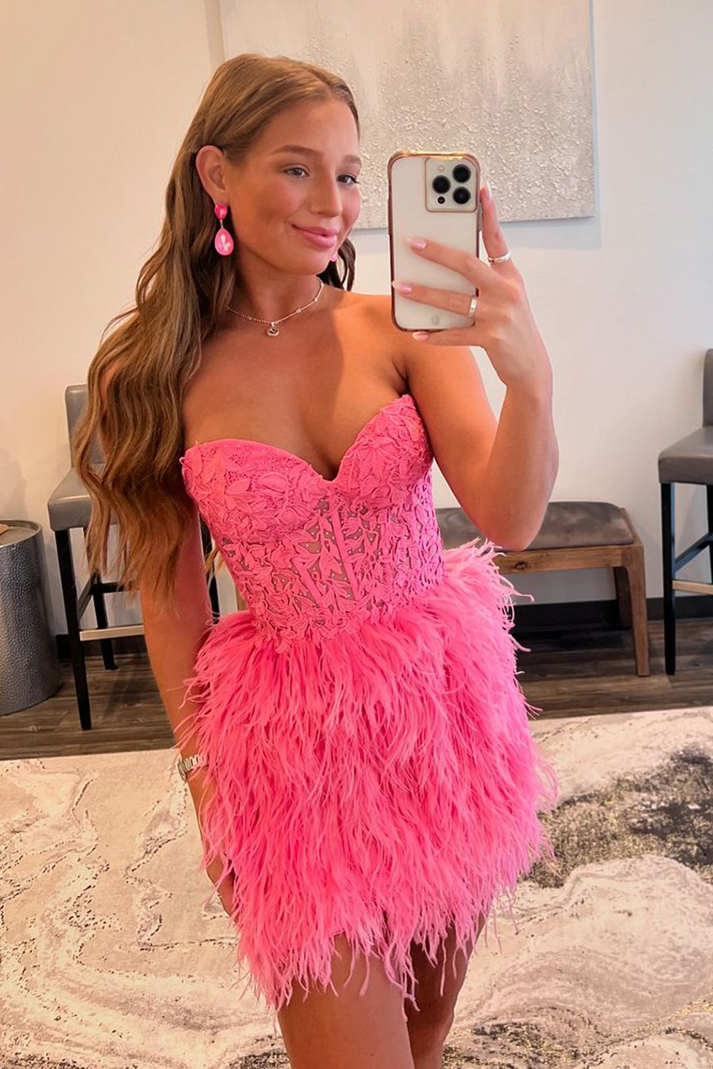 Cute Sweetheart Hot Pink Feather Short Homecoming Dresses with Lace-up Back AB24090606-3