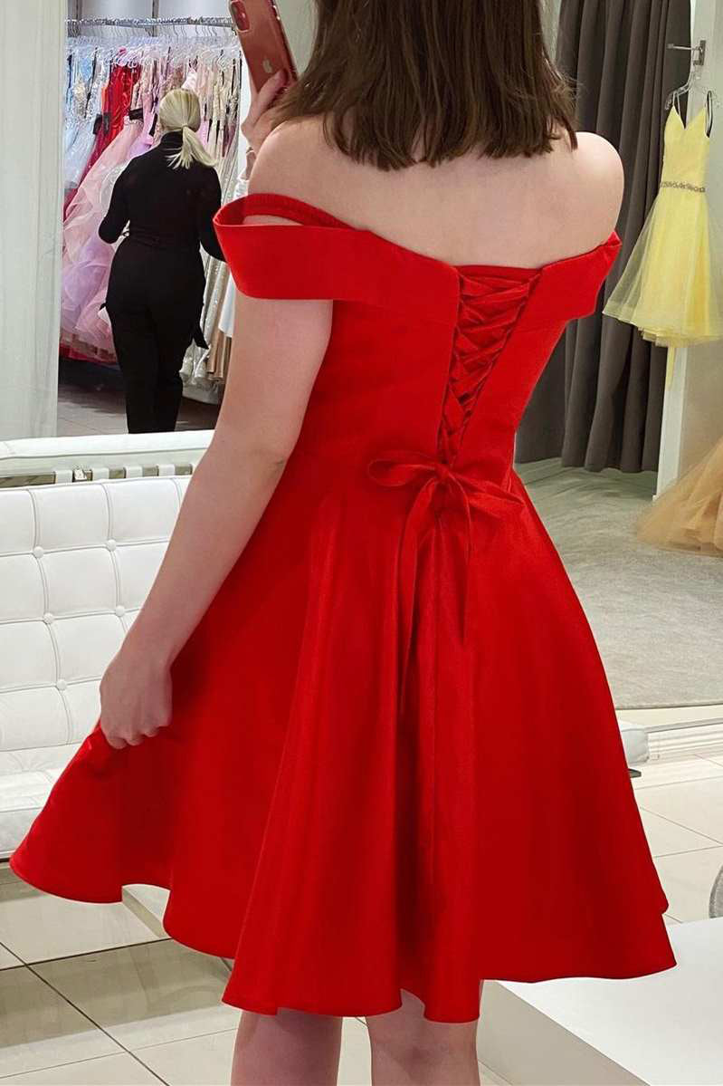 Uma | Off-the-Shoulder Red Satin A-Line Homecoming Dress