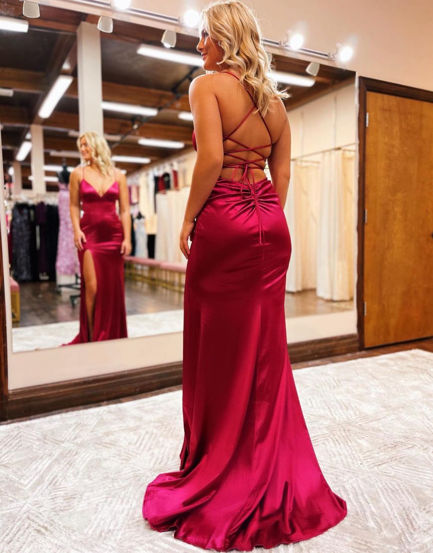 Allie | Satin Mermaid Prom Dress with Spaghetti Straps and Slit