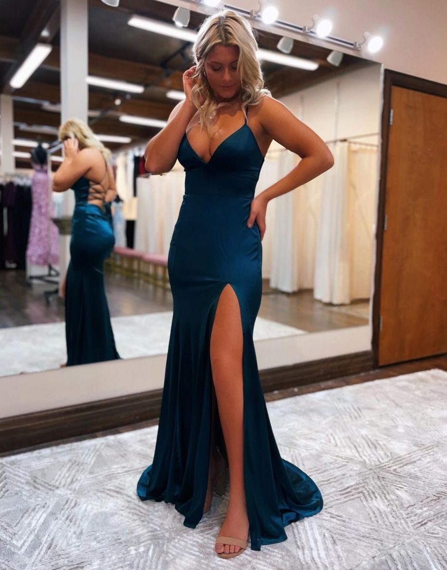 Allie | Satin Mermaid Prom Dress with Spaghetti Straps and Slit