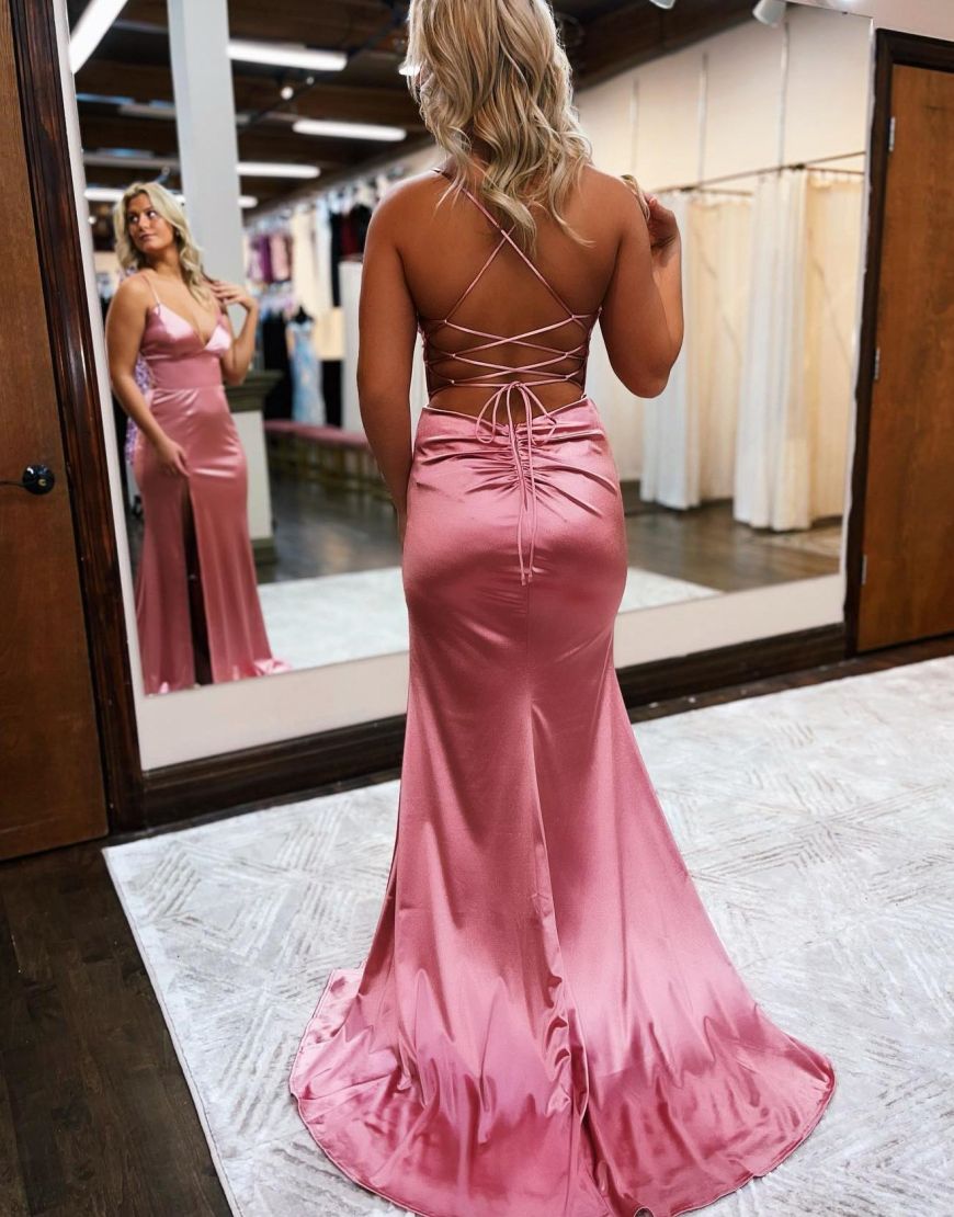 Allie | Satin Mermaid Prom Dress with Spaghetti Straps and Slit