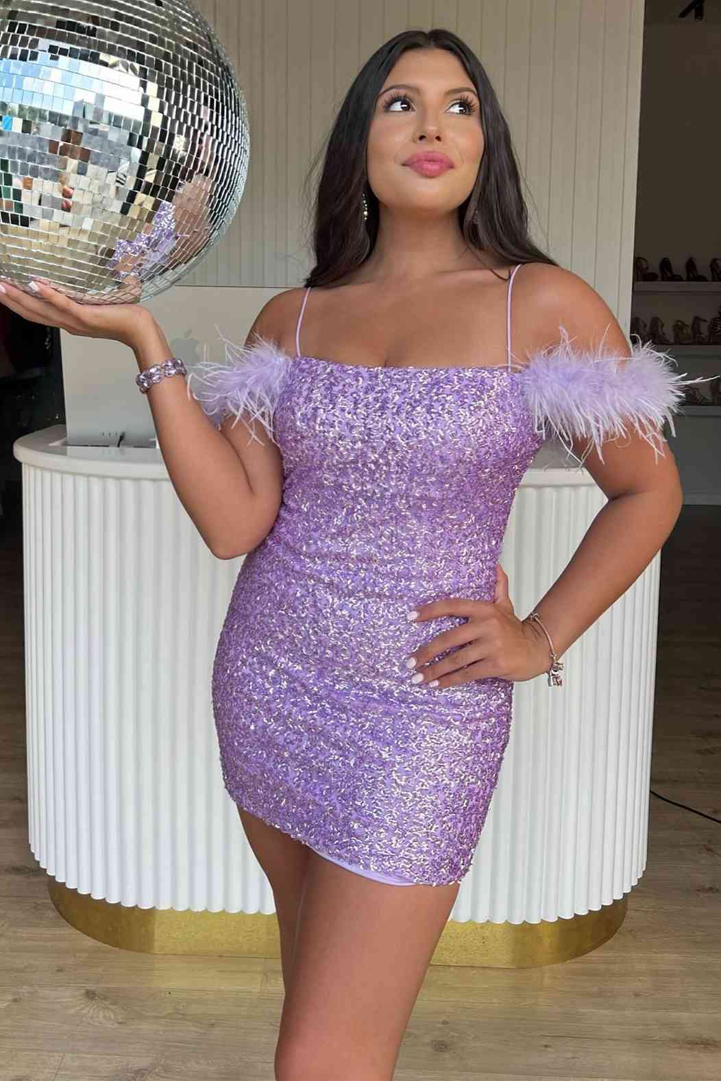 Georgiana | Sequin Bodycon Homecoming Dress with Feather Details