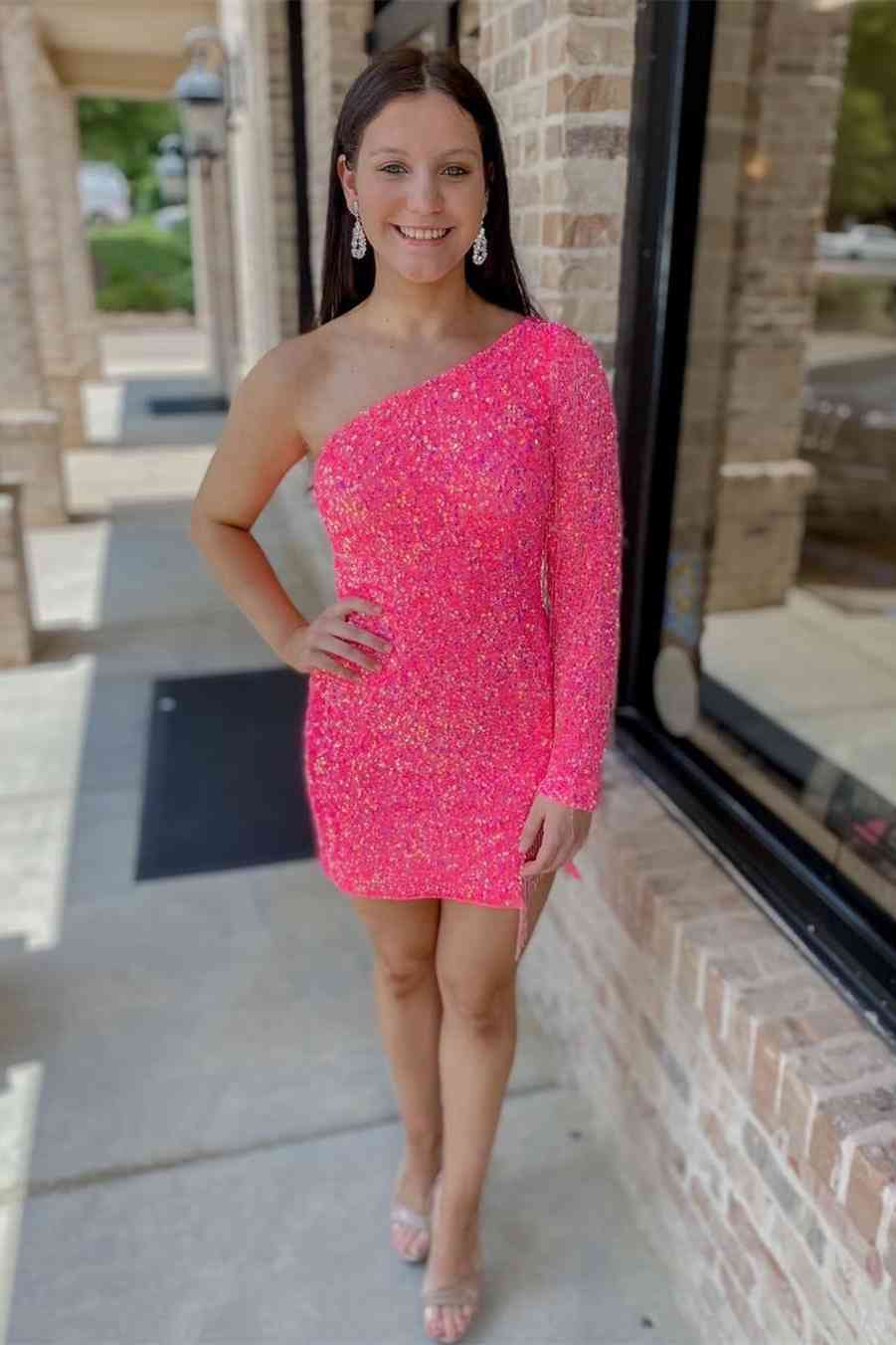 Winona | Sequin Sheath Homecoming Dress with Long Sleeves and Fringe Detailing