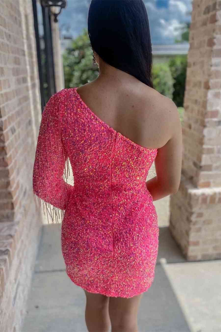 Winona | Sequin Sheath Homecoming Dress with Long Sleeves and Fringe Detailing