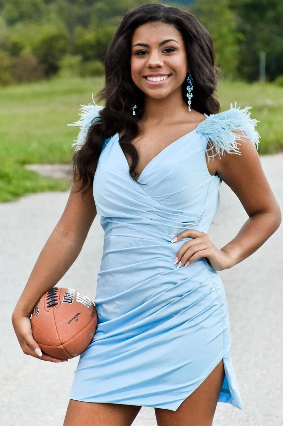Aitana | Pleated Jersey Sheath Homecoming Dress with Feathers