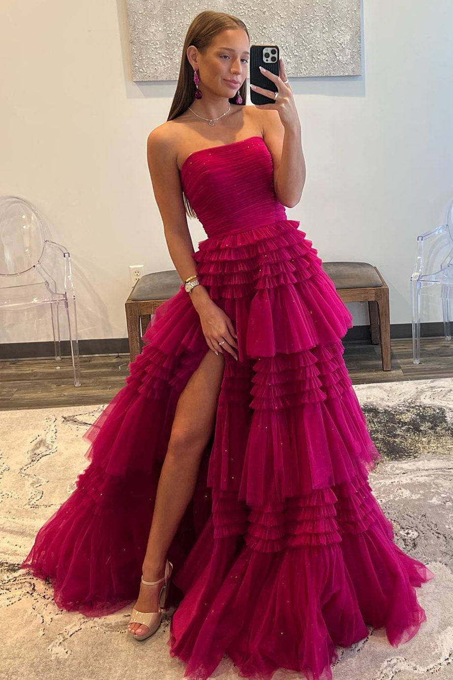 Daniela | Strapless Tulle A-Line Prom Dress with Tiered Ruffle Skirt