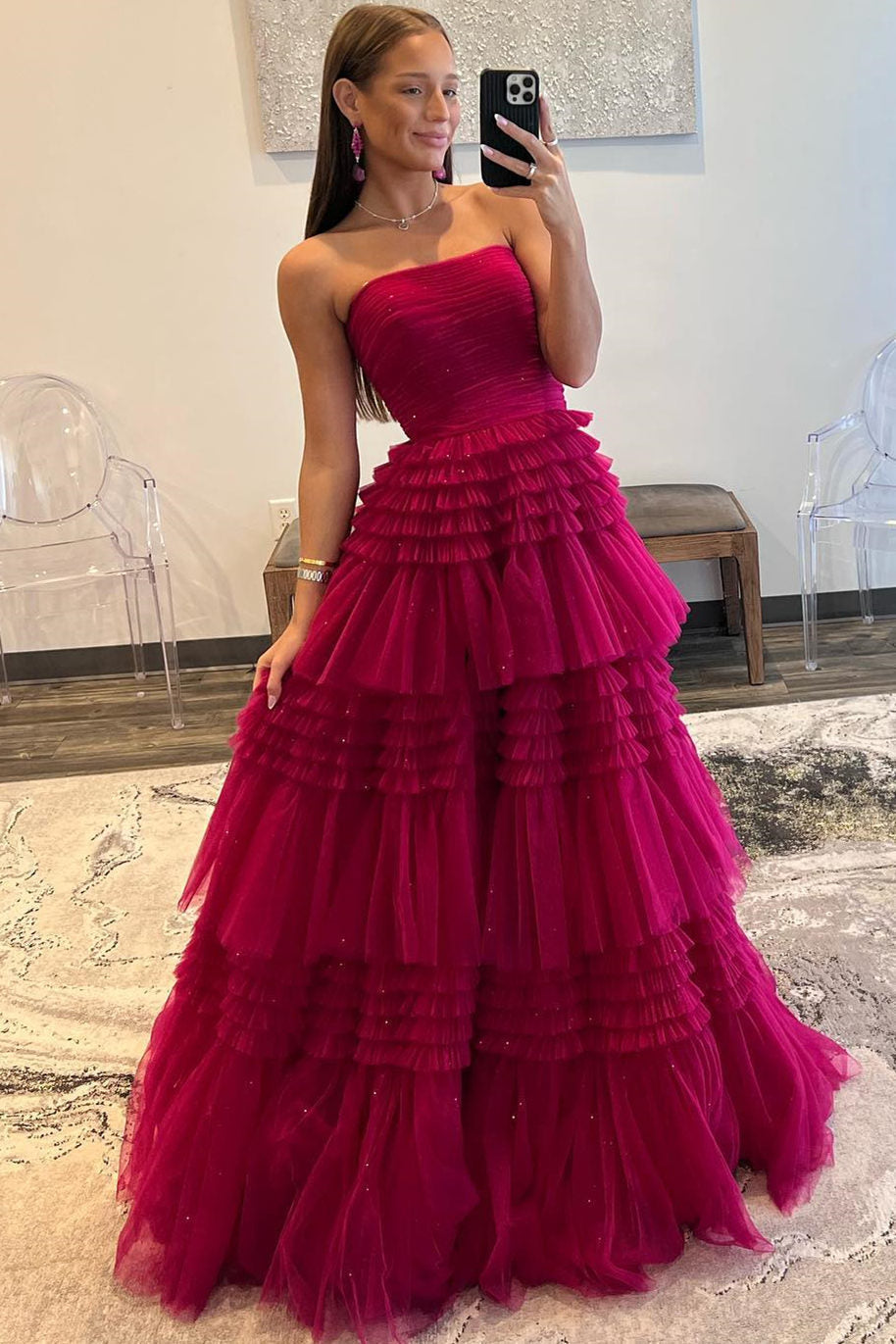 Daniela | Strapless Tulle A-Line Prom Dress with Tiered Ruffle Skirt