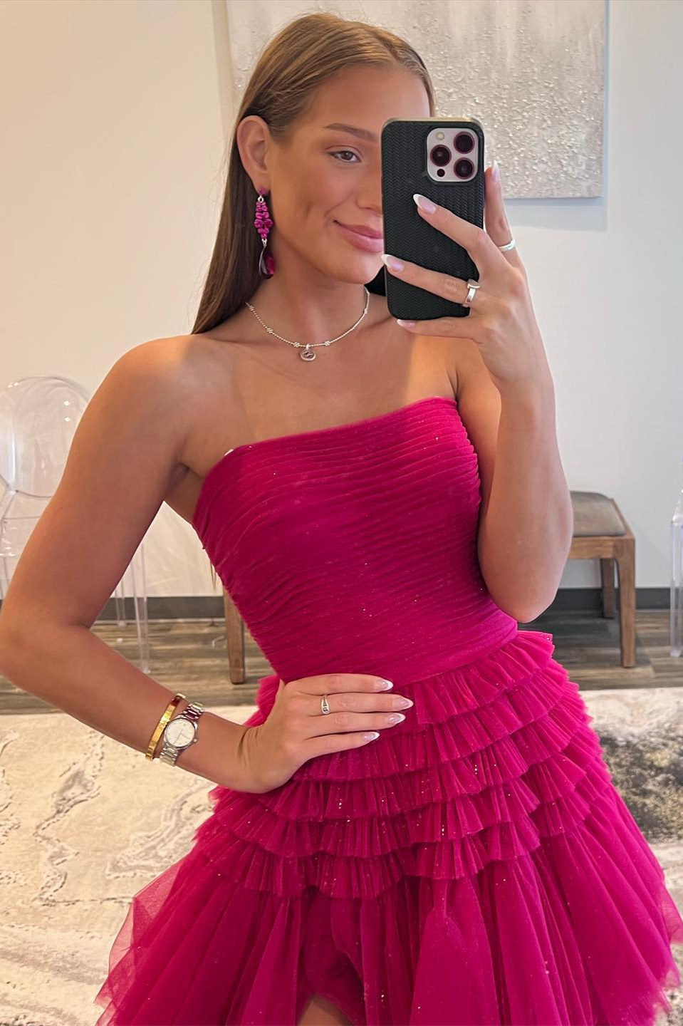 Daniela | Strapless Tulle A-Line Prom Dress with Tiered Ruffle Skirt