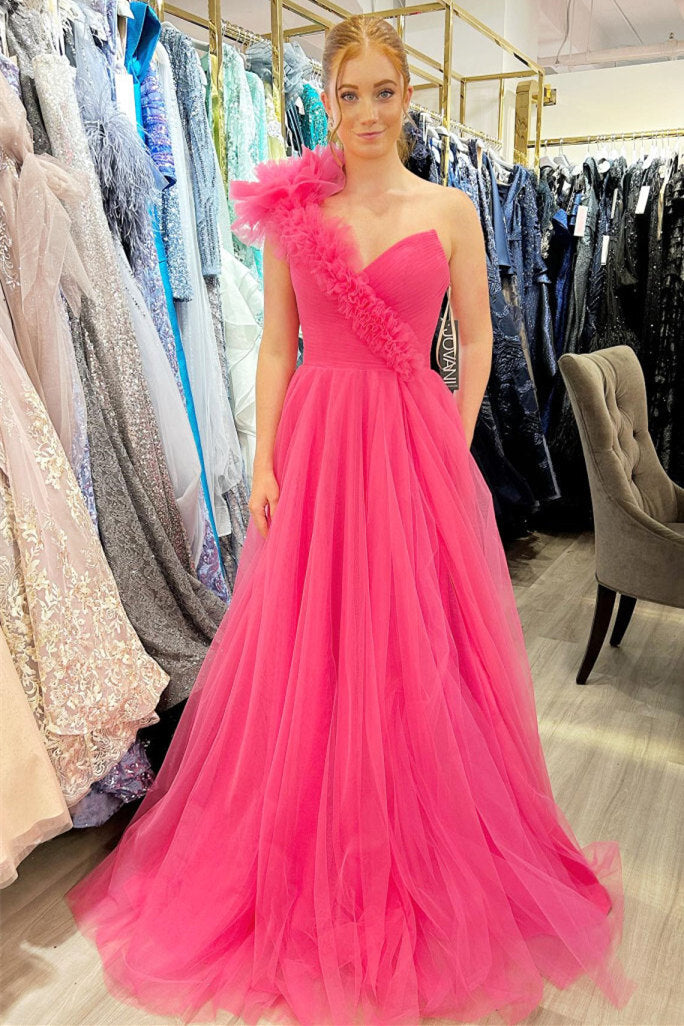 Delaney | One-Shoulder A-Line Tulle Prom Dress with Ruffles