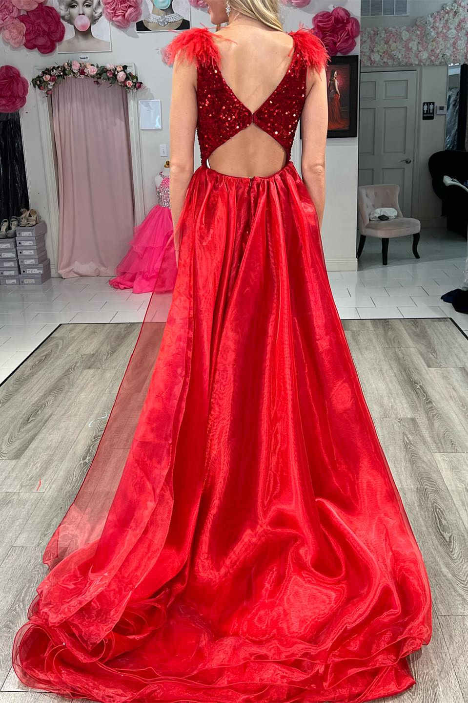 Lilianna | Dazzling V-Neck Red Sequin Prom Dress with Feathers and Cape