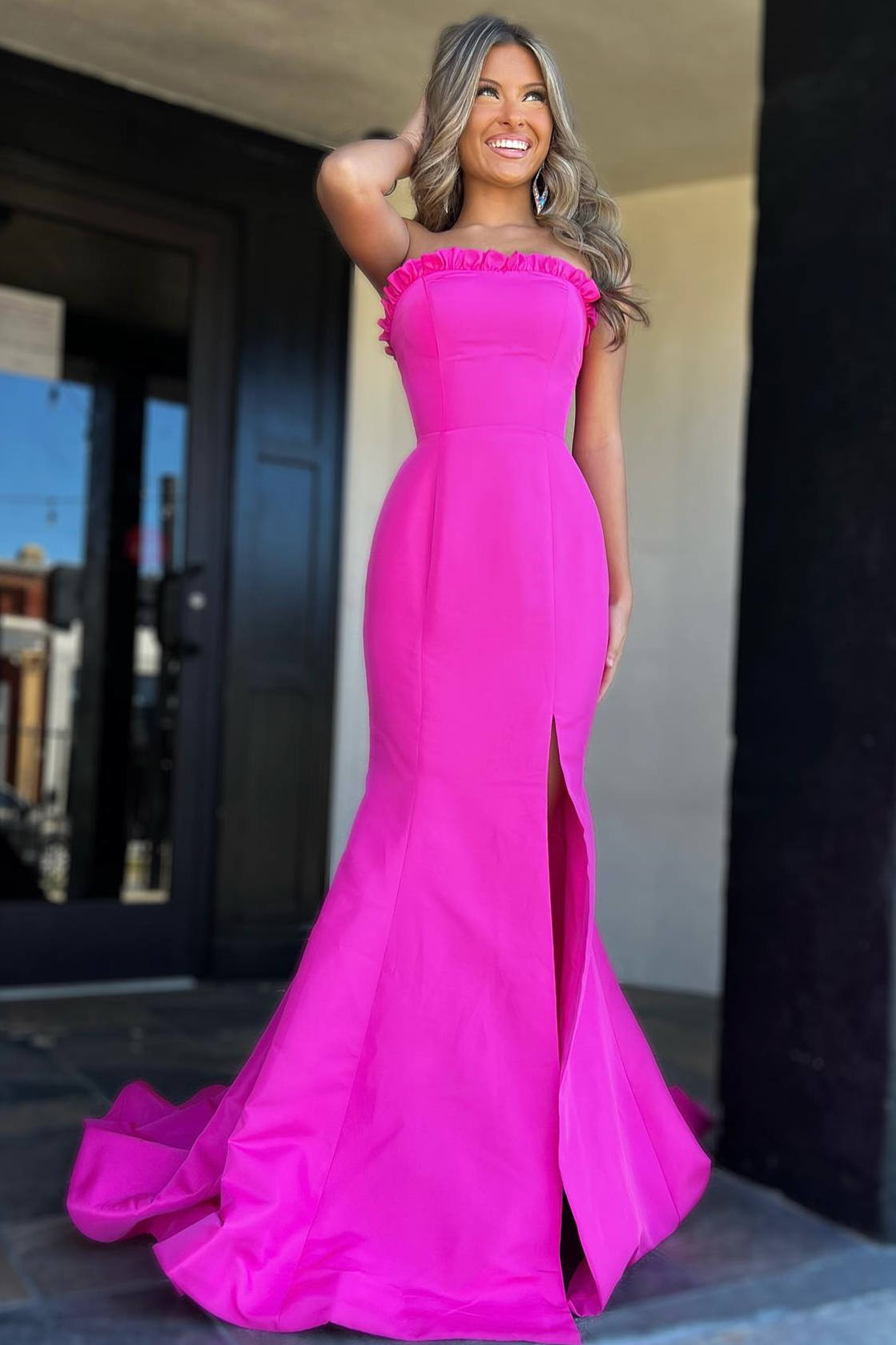Denver | Magenta Strapless Ruffle Mermaid Prom Dress with Slit