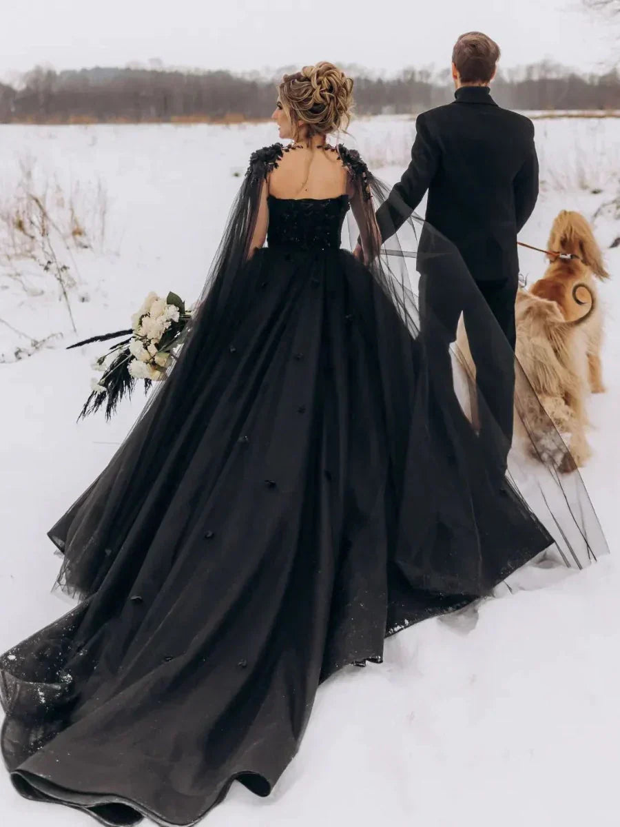 Fabiana | Black A-Line Gothic Wedding Dress with 3D Flowers, Tulle, and Cape