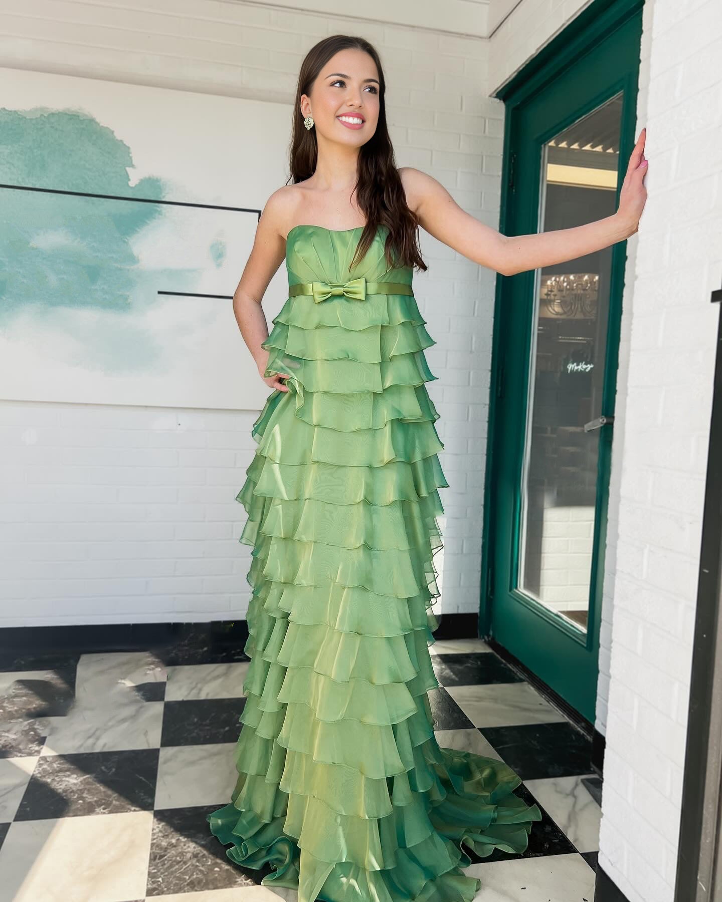 High-Waist A-Line Strapless Long Prom Dress with Ruffle Tiers and Bow