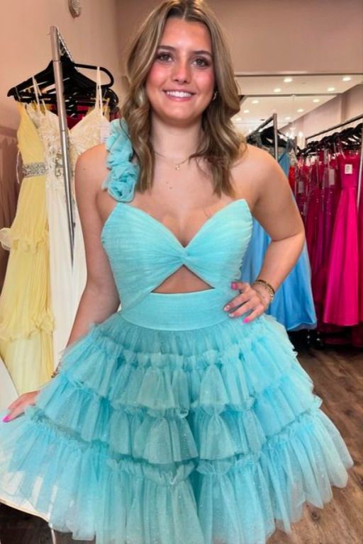 Light Blue Tulle Mini Homecoming Dress with Ruffle Details