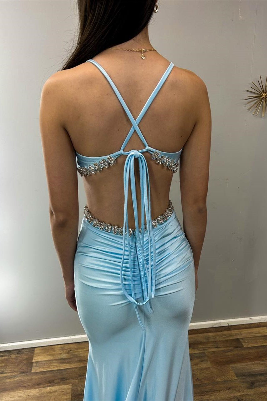 Meredith | Light Blue Rhinestone Cutout V-Neck Mermaid Long Formal Dress
