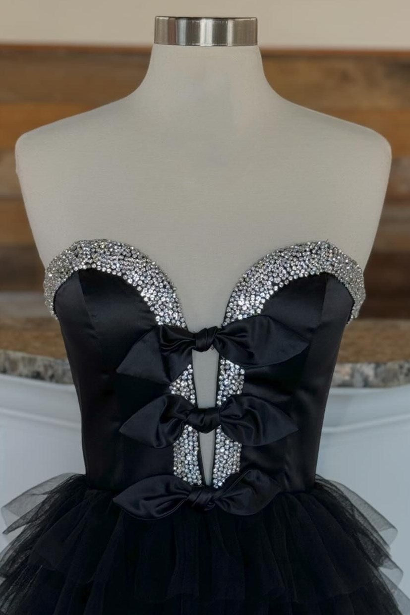 Peggy | Black Strapless Long Prom Dress with Bow and Ruffle Accents