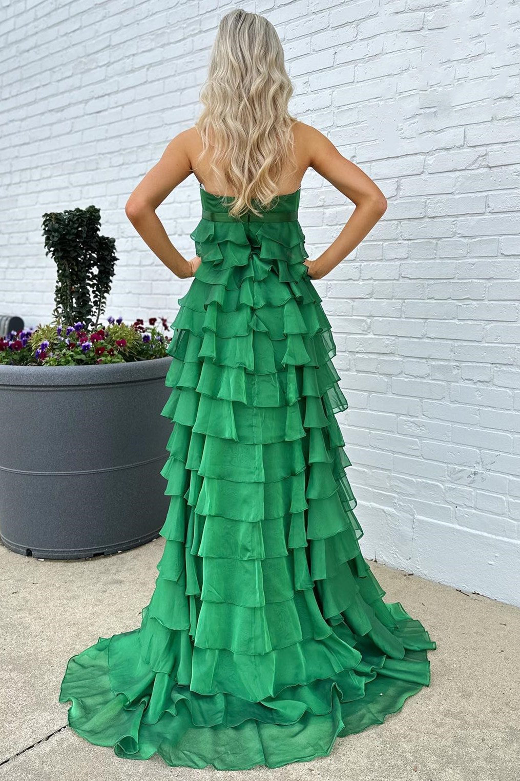 High-Waist A-Line Strapless Long Prom Dress with Ruffle Tiers and Bow