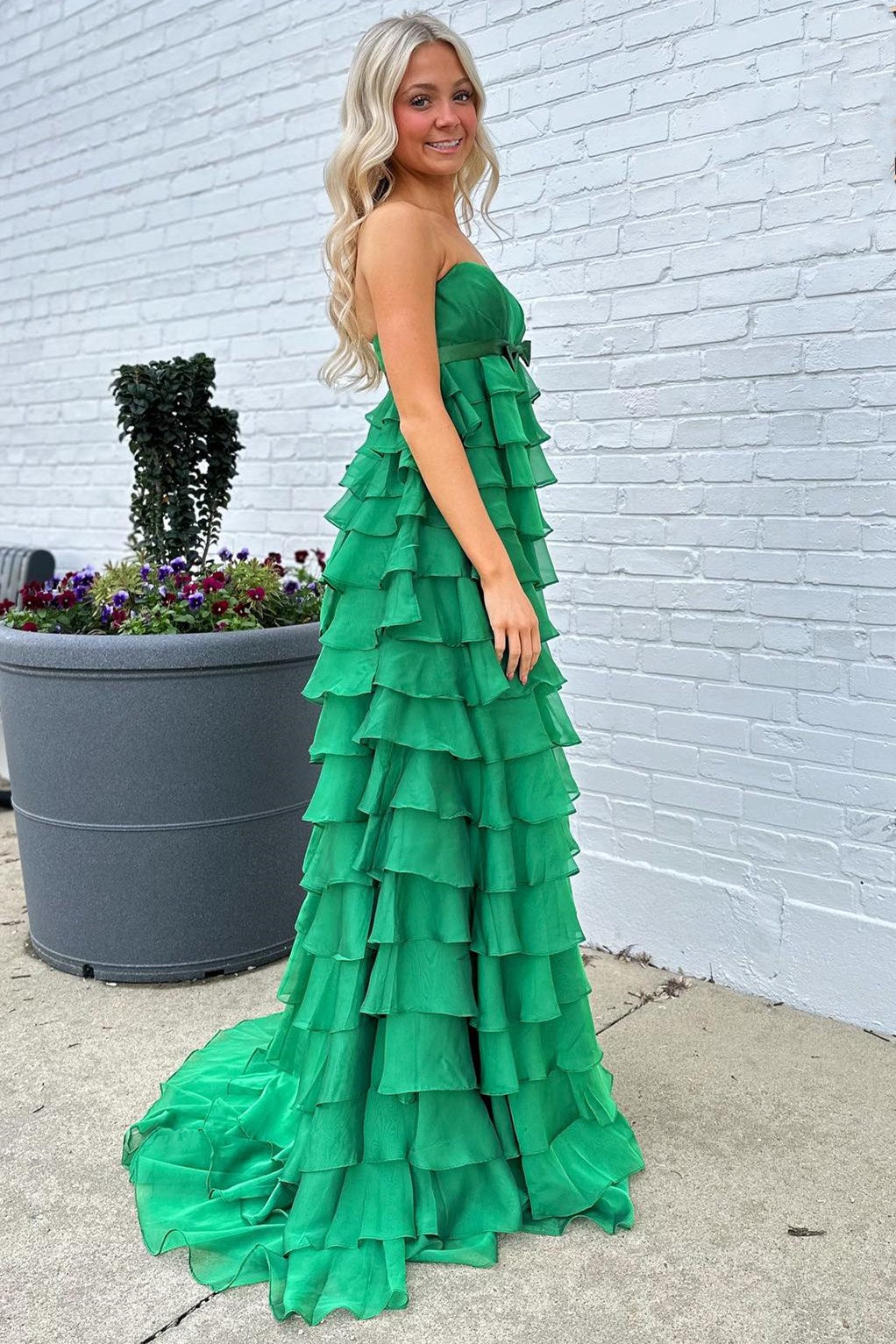 High-Waist A-Line Strapless Long Prom Dress with Ruffle Tiers and Bow