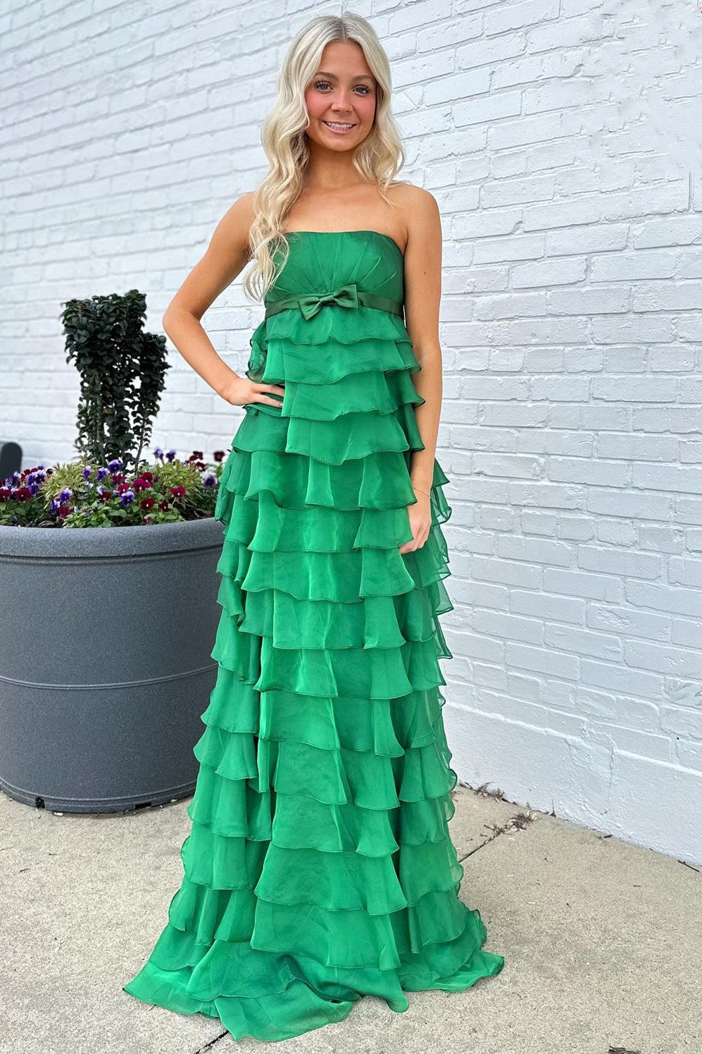 High-Waist A-Line Strapless Long Prom Dress with Ruffle Tiers and Bow