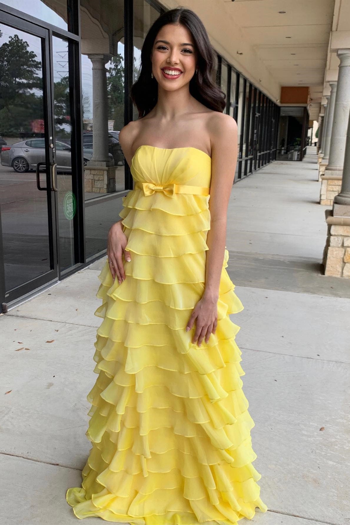 High-Waist A-Line Strapless Long Prom Dress with Ruffle Tiers and Bow