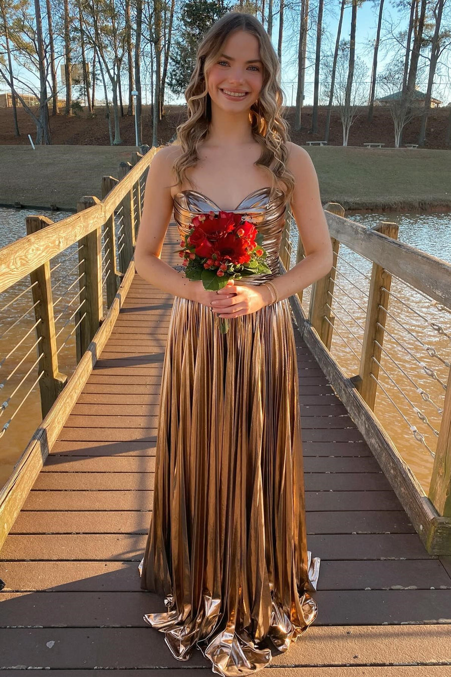 Oakley | Strapless A-Line Green Metallic Long Prom Dress with Pleats