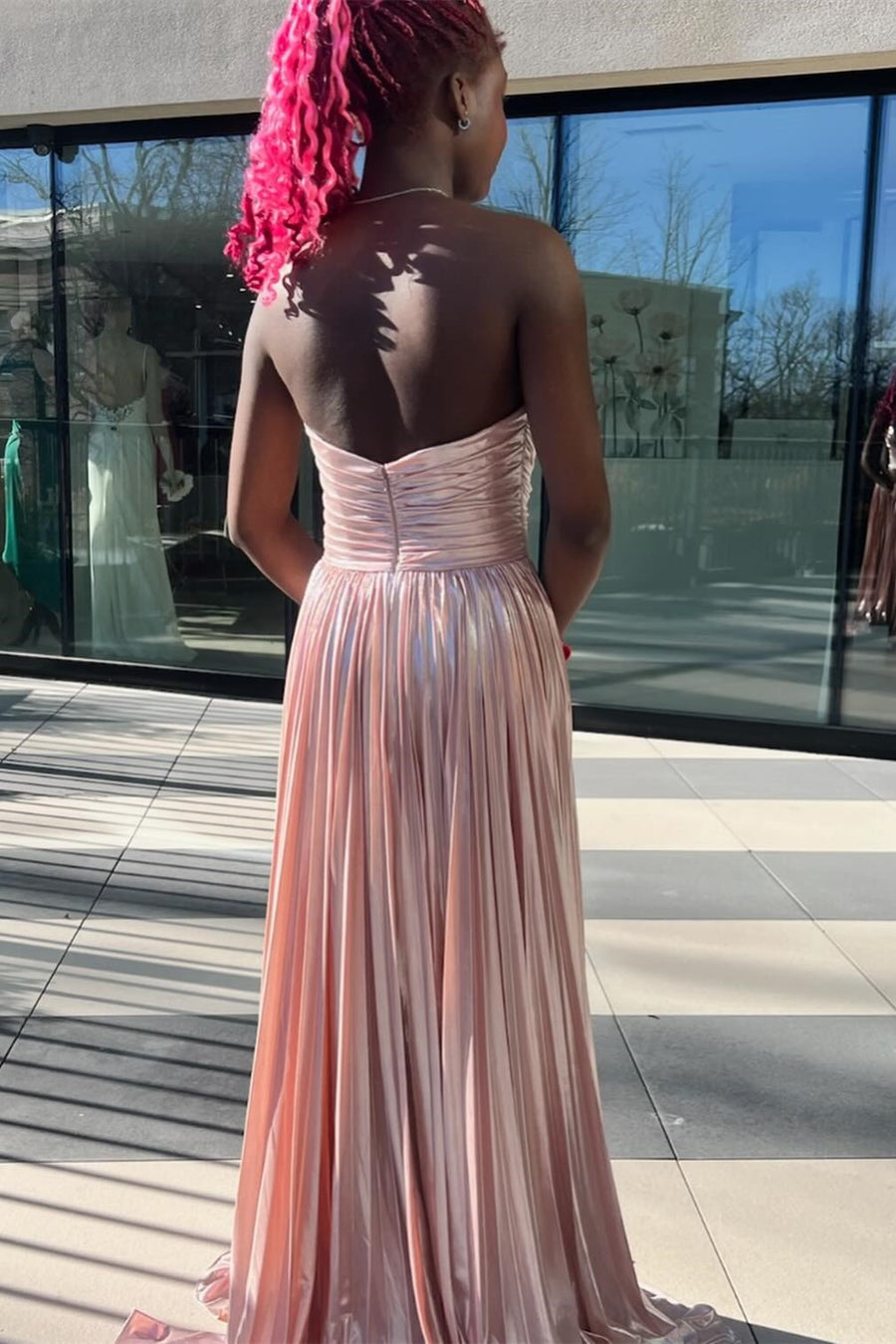 Oakley | Strapless A-Line Green Metallic Long Prom Dress with Pleats