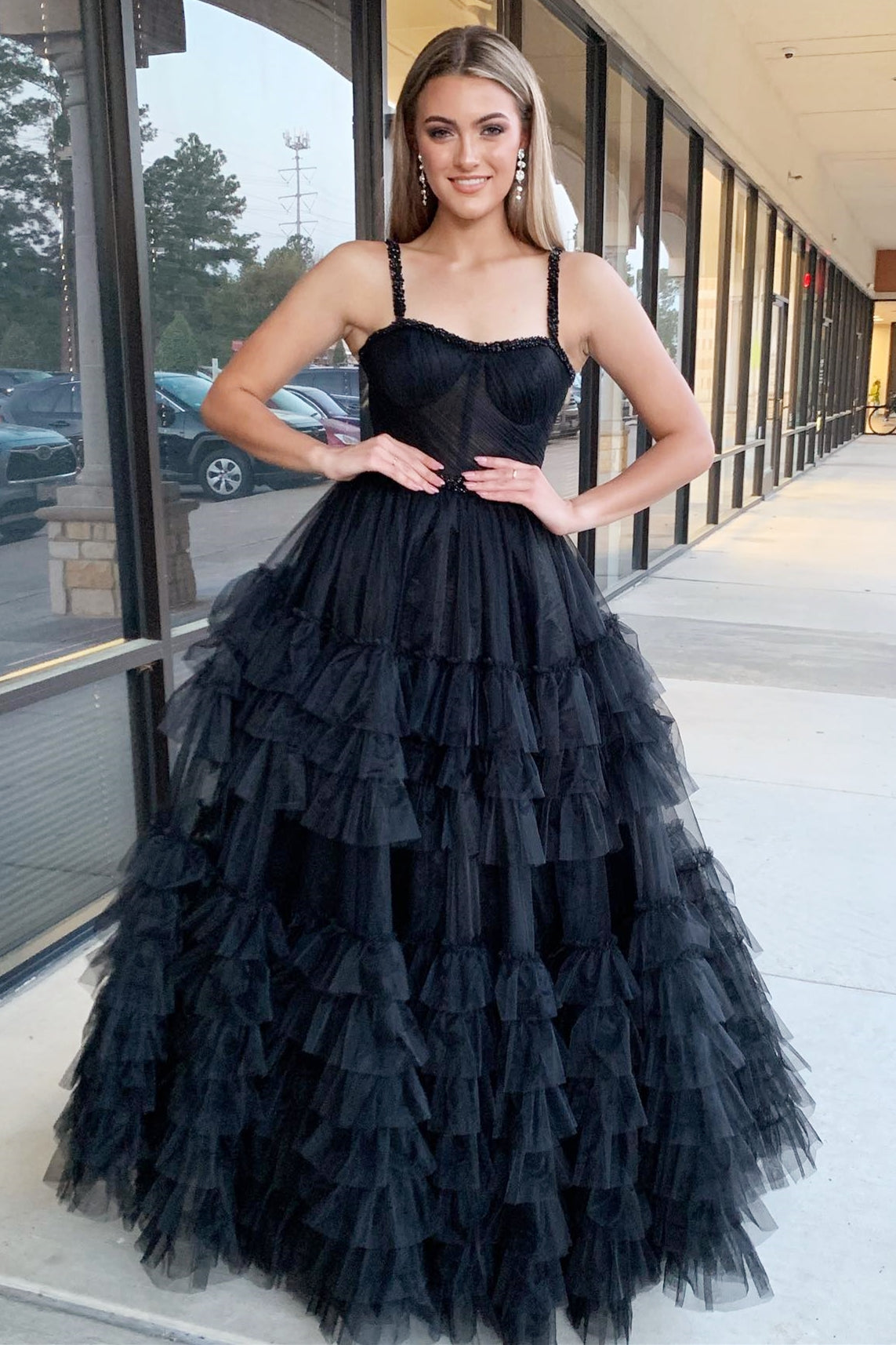 A-Line Sweetheart Beaded Long Prom Dress with Tiered Ruffles