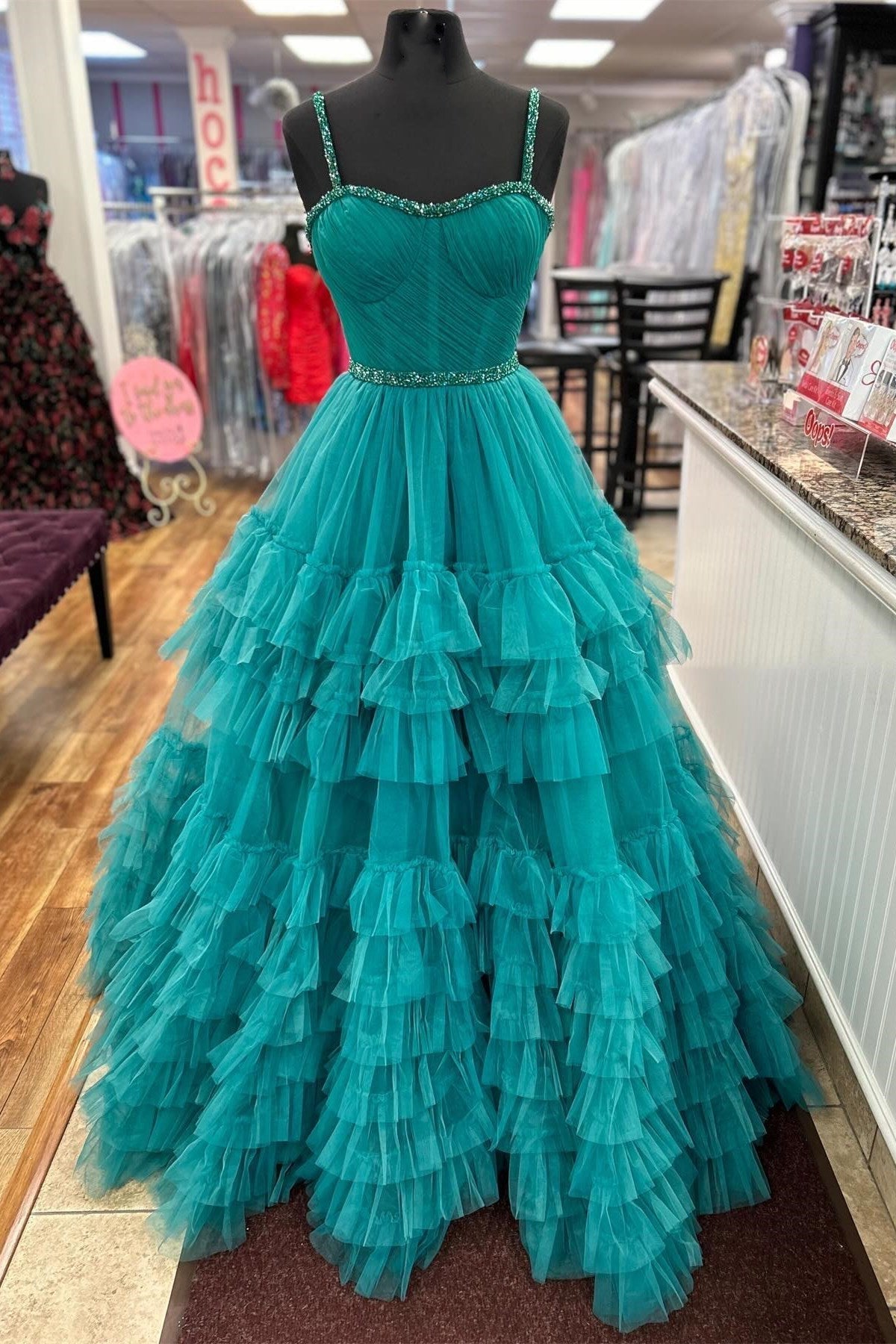 A-Line Sweetheart Beaded Long Prom Dress with Tiered Ruffles