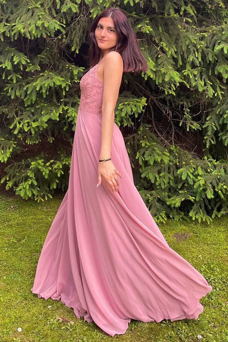 Rose | Charming A-Line Lace Chiffon Bridesmaid Dress with Spaghetti Straps