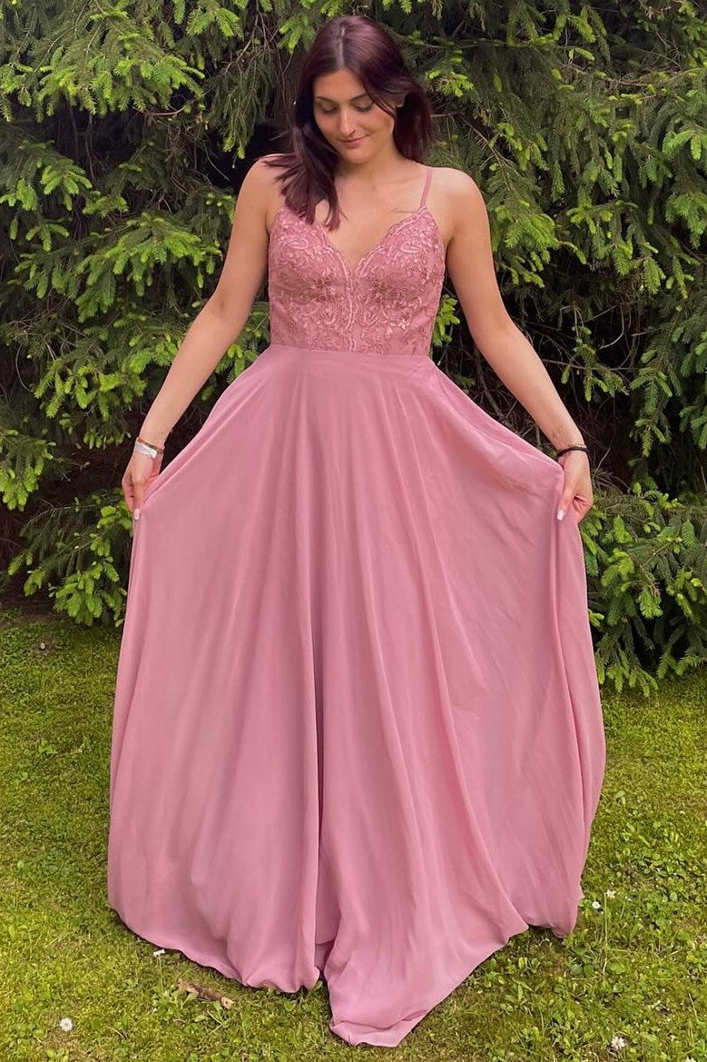 Rose | Charming A-Line Lace Chiffon Bridesmaid Dress with Spaghetti Straps