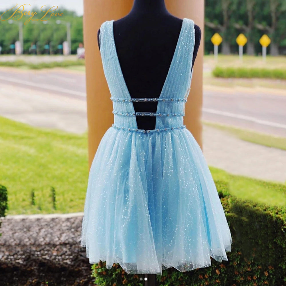 Thalia | A-Line Tulle Homecoming Dress with V-Neck and Beading